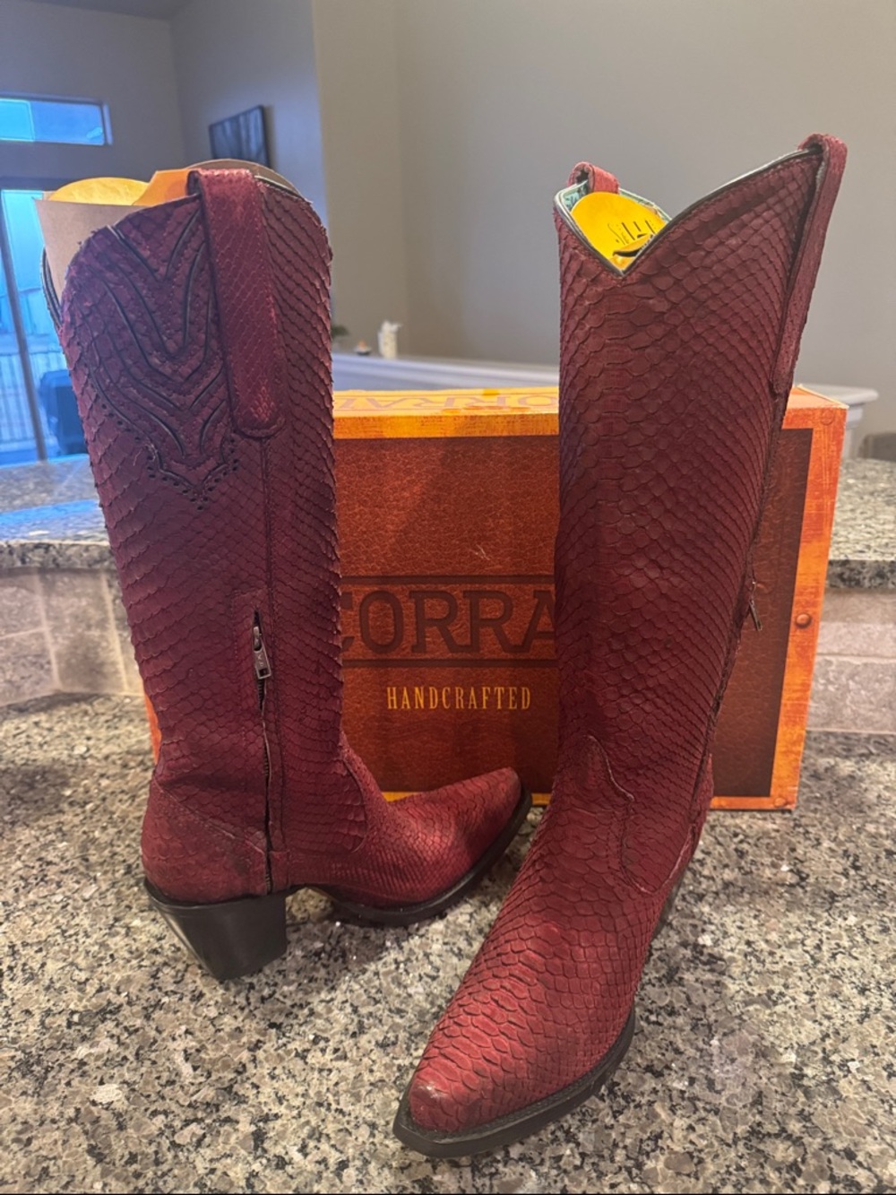 Burgundy python snip toe tall Heeled Boots - Picture 3 of 5